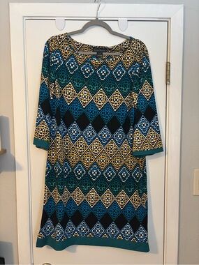 Jessica Howard Teal, Blue & Yellow Geometric Midi Dress